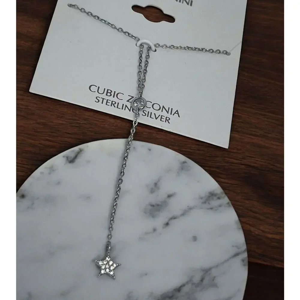 Sterling Silver Chain Drop CZ Necklace Star Pendant Chic Shiny Style Trendy NEW